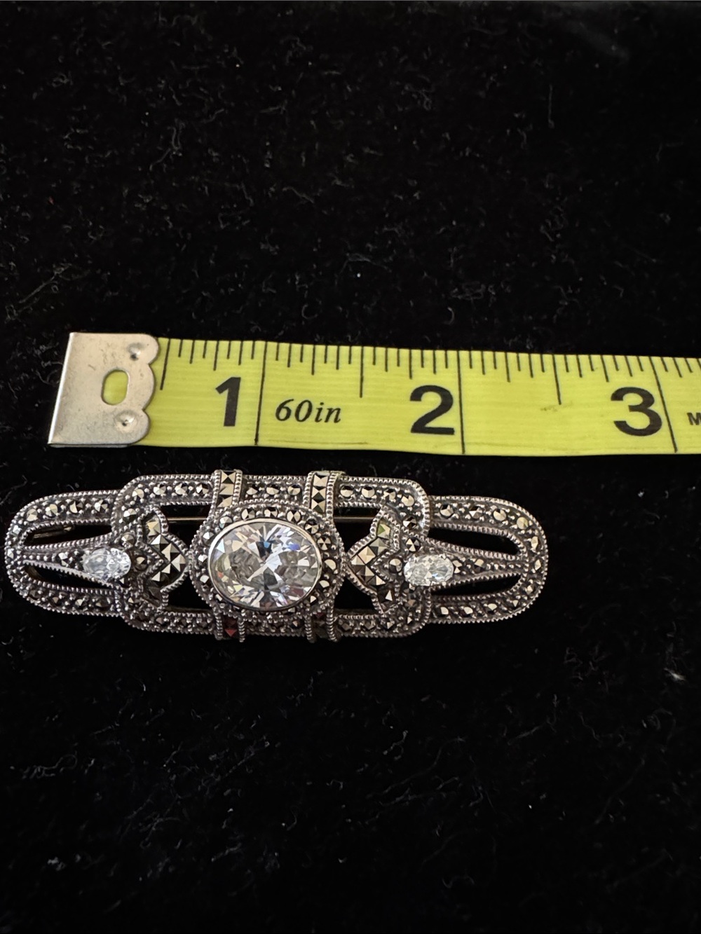 Silver-Tone Marcasite and Clear Crystal Bar Brooch - Judith Jack - Picture 2 of 4